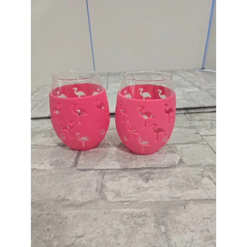 Celebrate Summer Together Stemless Wine Glasses Silicone Flamingo Sleeve Set 2